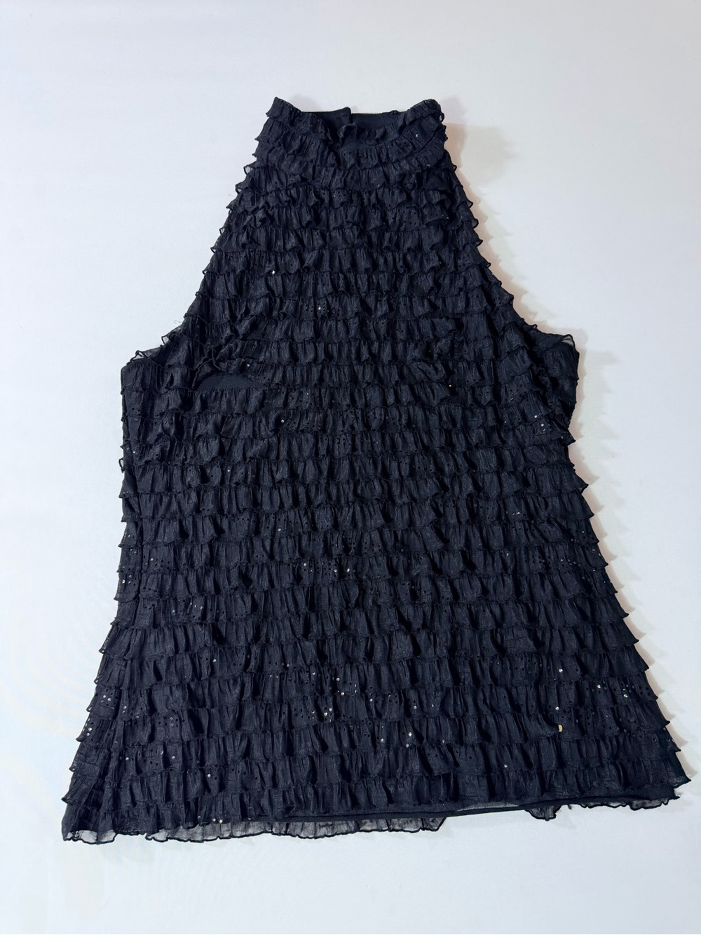 Women's Black Nue Options Blouse Size M Ruffle Detail Layering Sequins